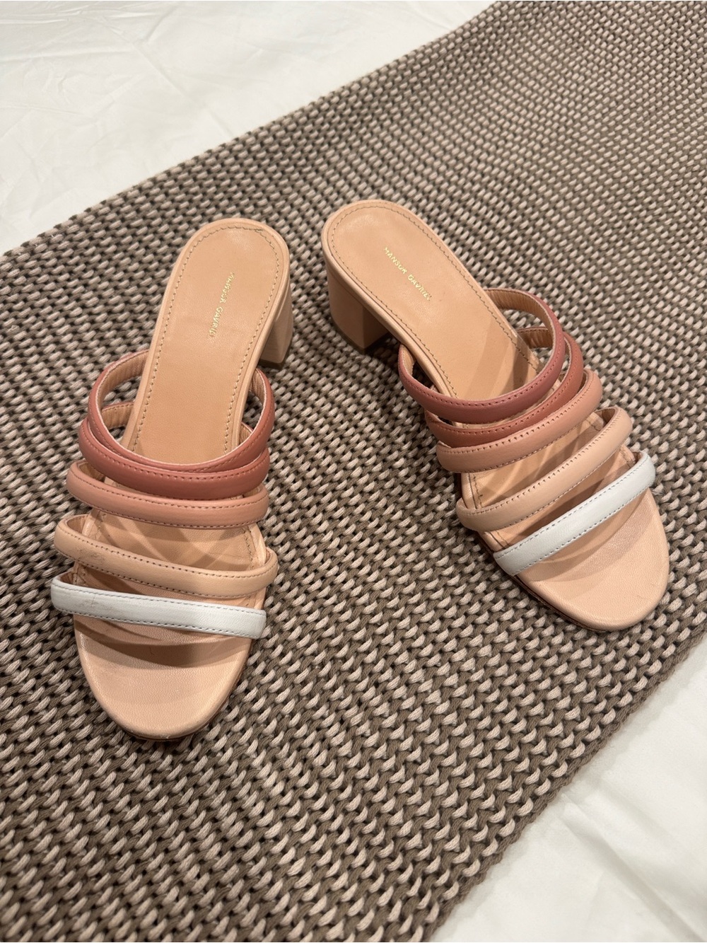 Mansur Gavriel Block Heel Multi-Strap Sandals in Blush and White